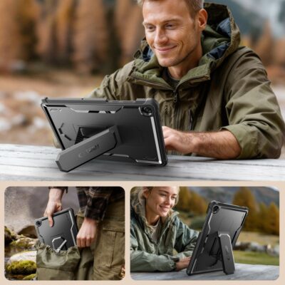Juodas dėklas Samsung Galaxy Tab A9 Plus su ištraukiamu atramos stovu ir apsauginėmis detalėmis