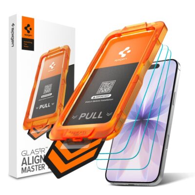 Apsauginis ekrano stikliukas Apple Iphone 17 Spigen Alm Glas.Tr Slim 3-Pack su oranžine pritvirtinimo priemone ir trijų sluoksnių stiklu