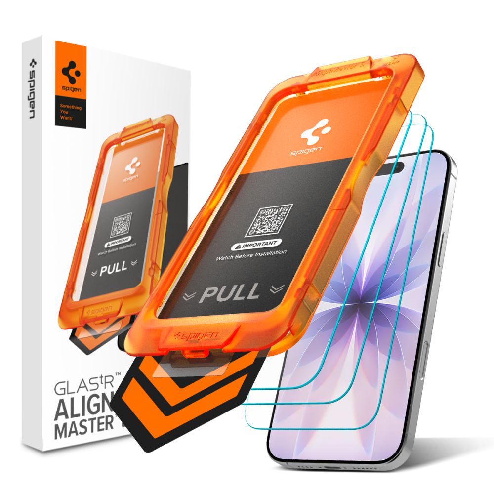 Apsauginis ekrano stikliukas Apple Iphone 17 Spigen Alm Glas.Tr Slim 3-Pack Apsauginis ekrano stikliukas Apple Iphone 17 Spigen Alm Glas.Tr Slim 3-Pack su oranžine pritvirtinimo priemone ir trijų sluoksnių stiklu