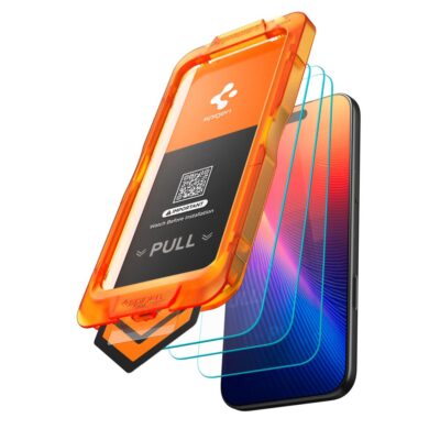 Apsauginis ekrano stikliukas Apple Iphone 17 Spigen Alm Glas.Tr Slim 3-Pack su montavimo įrankiu oranžinės spalvos