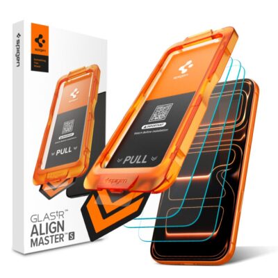 Apsauginis ekrano stikliukas Apple Iphone 17 Pro Spigen Alm Glas.Tr Slim 3-Pack su oranžiniu įrenginiu ir pakuote