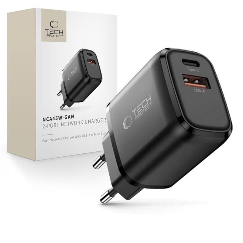 Juodas buitinis pakrovėjas TECH-PROTECT NCA45W-GAN Juodas buitinis pakrovėjas TECH-PROTECT NCA45W-GAN su USB-A ir Type-C jungtimis