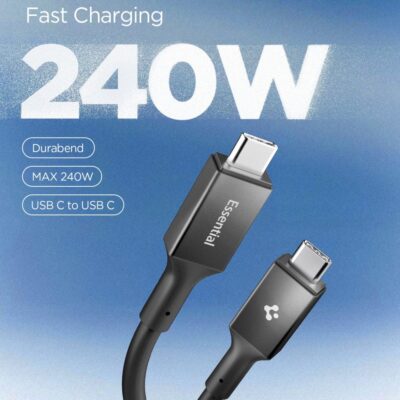 Juodas kabelis SPIGEN EB24012CC ESSENTIAL TYPE-C CABLE 240W 120CM su USB-C jungtimis ir 240W greitu įkrovimu