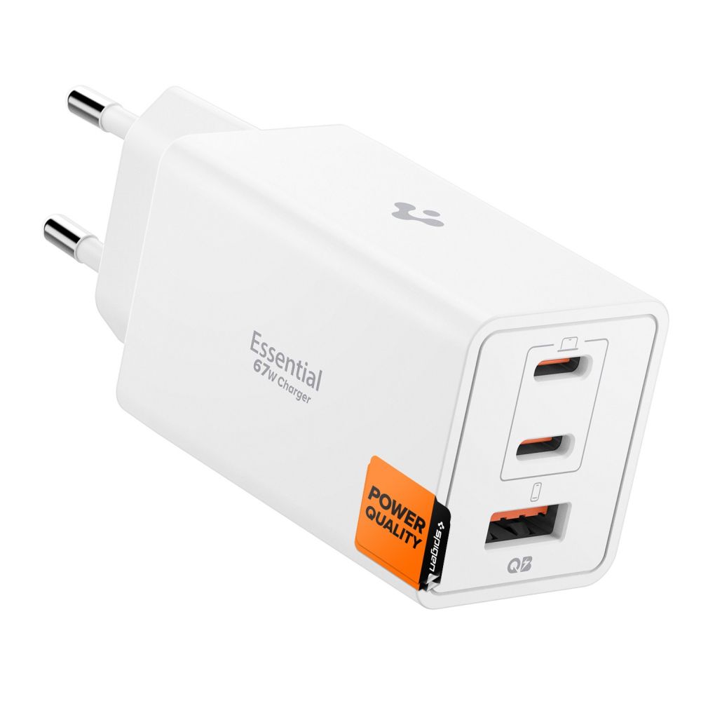 Baltas pakrovėjas SPIGEN ESSENTIAL EE673EU 3-port network charger 67W Baltas pakrovėjas SPIGEN ESSENTIAL EE673EU 3-port network charger 67W su dviem USB-C ir vienu USB-A lizdu