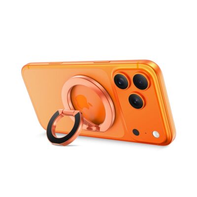 Rožinis-auksinis magnetinis telefono žiedas TECH-PROTECT MMR400 LAMANO MAGNETIC MAGSAFE ant oranžinio telefono