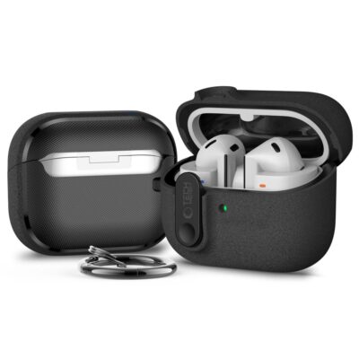 Juodas dėklas Samsung Galaxy Buds 3 Tech-Protect Silicone Slim Hook su ausinėmis ir karabinu