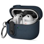 Mėlynas dėklas Samsung Galaxy Buds 3 su silikoniniu plonu kabliuku Tech-Protect, atidarytas su baltomis ausinėmis viduje