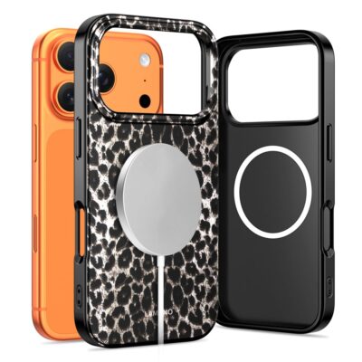 Leopard dėklas Apple Iphone 17 Pro Tech-Protect Lamano Magsafe su juodu leopardiniu raštu ir Magsafe žiedu