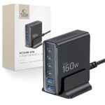 Juodas buitinis pakrovėjas TECH-PROTECT DC160W-GAN su 6 USB portais ir 160W galia