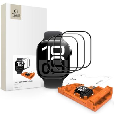 Juodas apsauginis stiklas Apple iPhone Watch 10 11 46mm TECH-PROTECT EASY SET FLEX 3-PACK su laikrodziu ir priedais