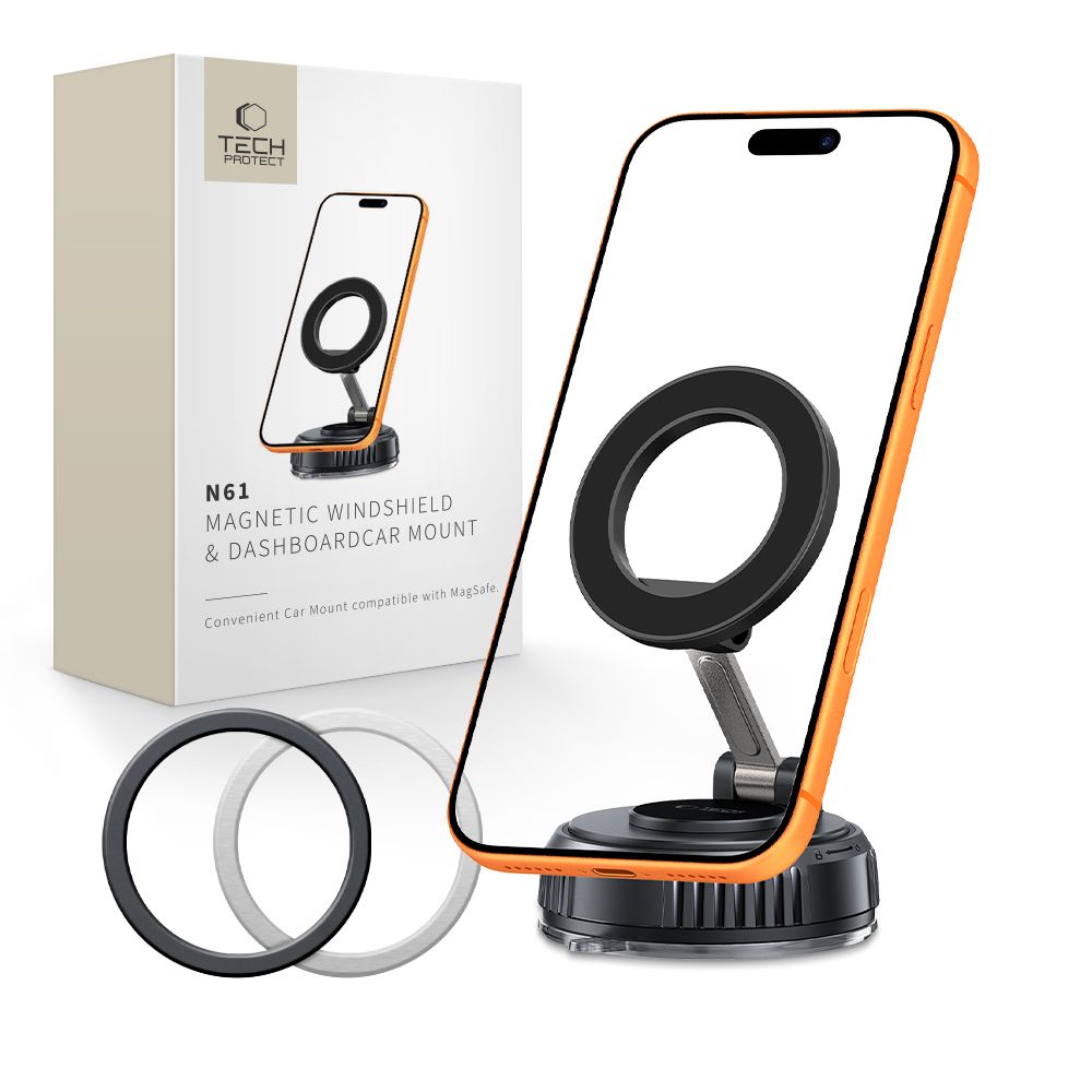 Juodas telefono laikiklis TECH-PROTECT N61 Juodas telefono laikiklis TECH-PROTECT N61 MAGNETIC MAGSAFE WINDSHIELD & DASHBOARD CAR MOUNT su magnetine žiedine sistema