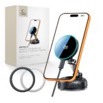 Juodas telefono laikiklis su pakrovimu TECH-PROTECT MM25W-V8 QI2.2 magnetinis automobilinis stovas su belaidžiu krovimu