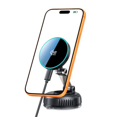 Juodas telefono laikiklis su pakrovimu TECH-PROTECT MM25W-V8 QI2.2 magnetinis MagSafe laikiklis automobiliui