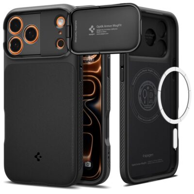 Juodas dėklas Apple Iphone 17 Pro Max Spigen Optik Armor Mag Magsafe su apsauga kamerai