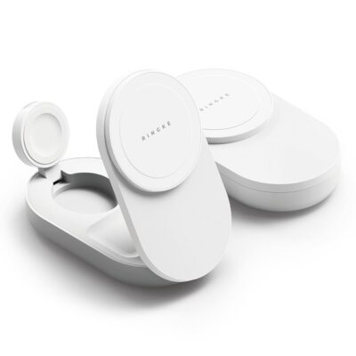 Baltas belaidis pakrovėjas RINGKE QI2.2 25W 3IN1 MAGNETIC MAGSAFE WIRELESS FOLDING CHARGER atidarytas ir uždarytas