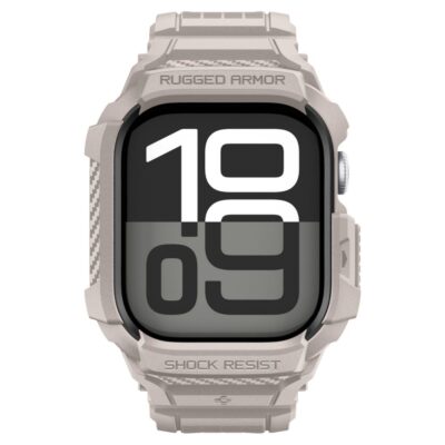 Beige dėklas ir apyrankė Apple Watch 10 / 11 46mm Spigen Rugged Armor Pro V2 su išskirtiniu rėmeliu