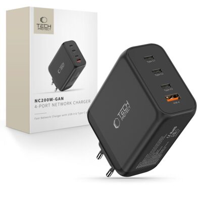 Juodas buitinis pakrovėjas TECH-PROTECT NC200W-GAN 4-PORT NETWORK CHARGER su USB-A ir trijų Type-C jungčių