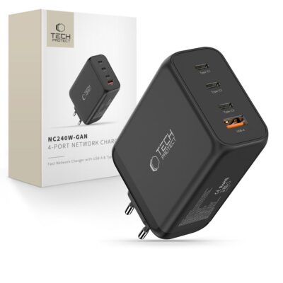 Juodas buitinis pakrovėjas TECH-PROTECT NC240W-GAN su 4 jungtimis USB-C ir USB-A