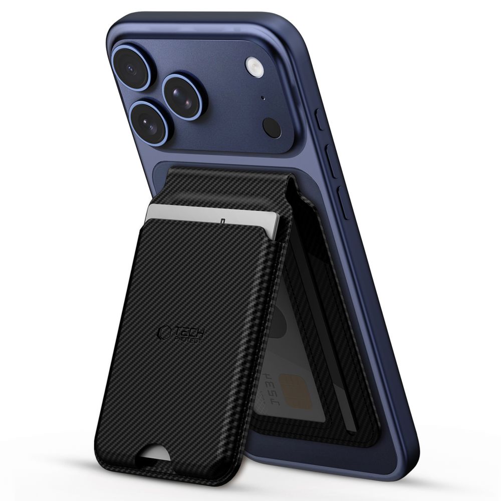 Juodas carbon korteliu laikiklis TECH-PROTECT MAGWALLET STAND Juodas carbon korteliu laikiklis TECH-PROTECT MAGWALLET STAND MAGSAFE UNIVERSAL MAGNETIC prijungtas prie telefono