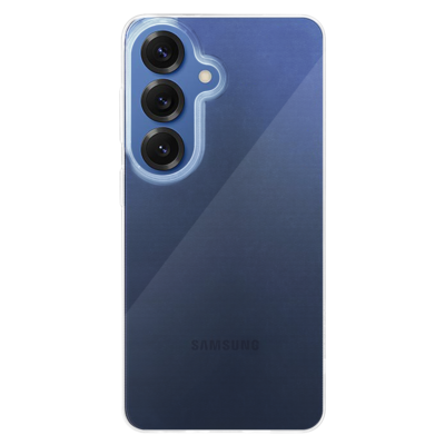 Skaidrus dėklas Tactical TPU telefonui Samsung Galaxy S26, matomas aiškus dėklas ant mėlyno telefono su trim kameromis viršutiniame kairiajame kampe