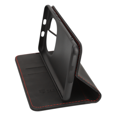 Juodas atverčiamas dėklas Tactical Xproof telefonui Samsung Galaxy S26 su raudonomis siūlėmis