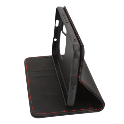 Juodas atverčiamas dėklas Tactical Xproof telefonui Xiaomi Redmi Note 15 Pro Plus su raudonais siūlais