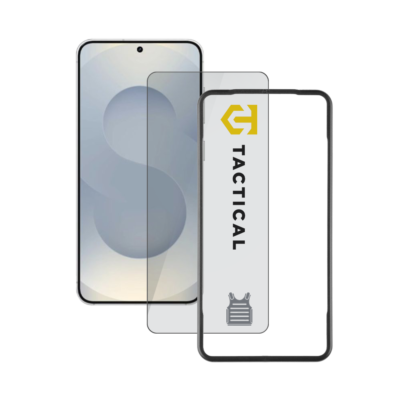 Apsauginis ekrano stikliukas Samsung Galaxy S26 Tactical Glass Impact Armour su juoda rėmeliu ir logotipu Tactical