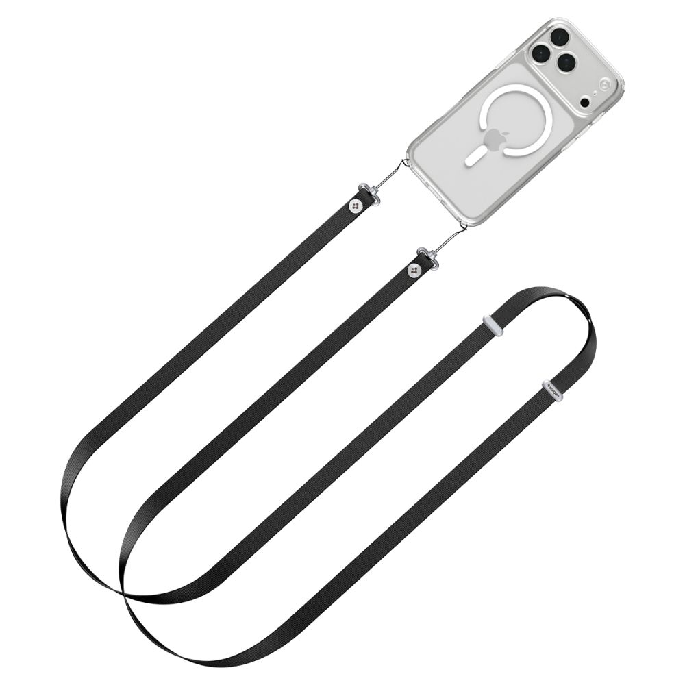 Juodas dirželis SPIGEN DA30L LANYARD STRAP CROSSBODY Juodas dirželis SPIGEN DA30L LANYARD STRAP CROSSBODY prie skaidrios telefono dėklo