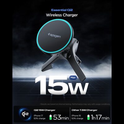 Juodas telefono laikiklis ir pakrovėjas Spigen su 15W belaidžio įkroviklio funkcija