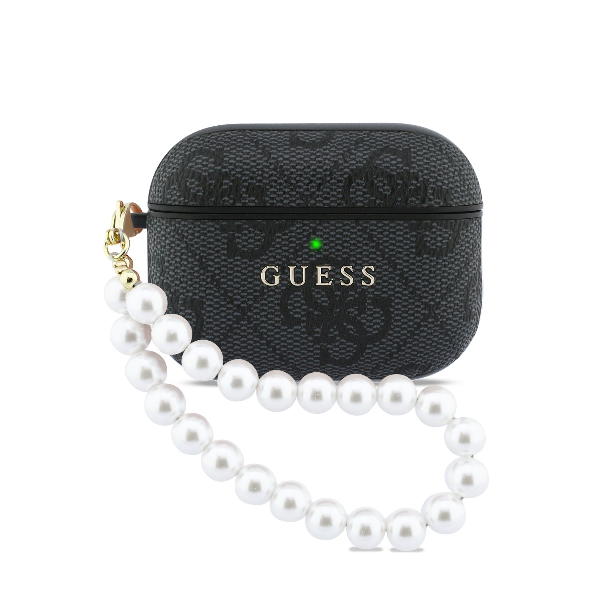 Juodas dėklas Apple Airpods Pro 3 Guess PU 4G Classic Logo Pearl Strap Juodas dėklas Apple Airpods Pro 3 Guess PU 4G Classic Logo su perlų dirželiu