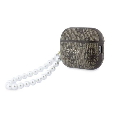 Rudas dėklas Apple Airpods Pro 3 Guess PU 4G Classic Logo su perlų dirželiu