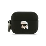 Juodas dėklas Apple Airpods Pro 3 su Karl Lagerfeld 3D logotipu ir silikonu
