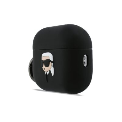 Juodas dėklas Apple Airpods Pro 3 su Karl Lagerfeld 3D logotipu silikono medžiagos