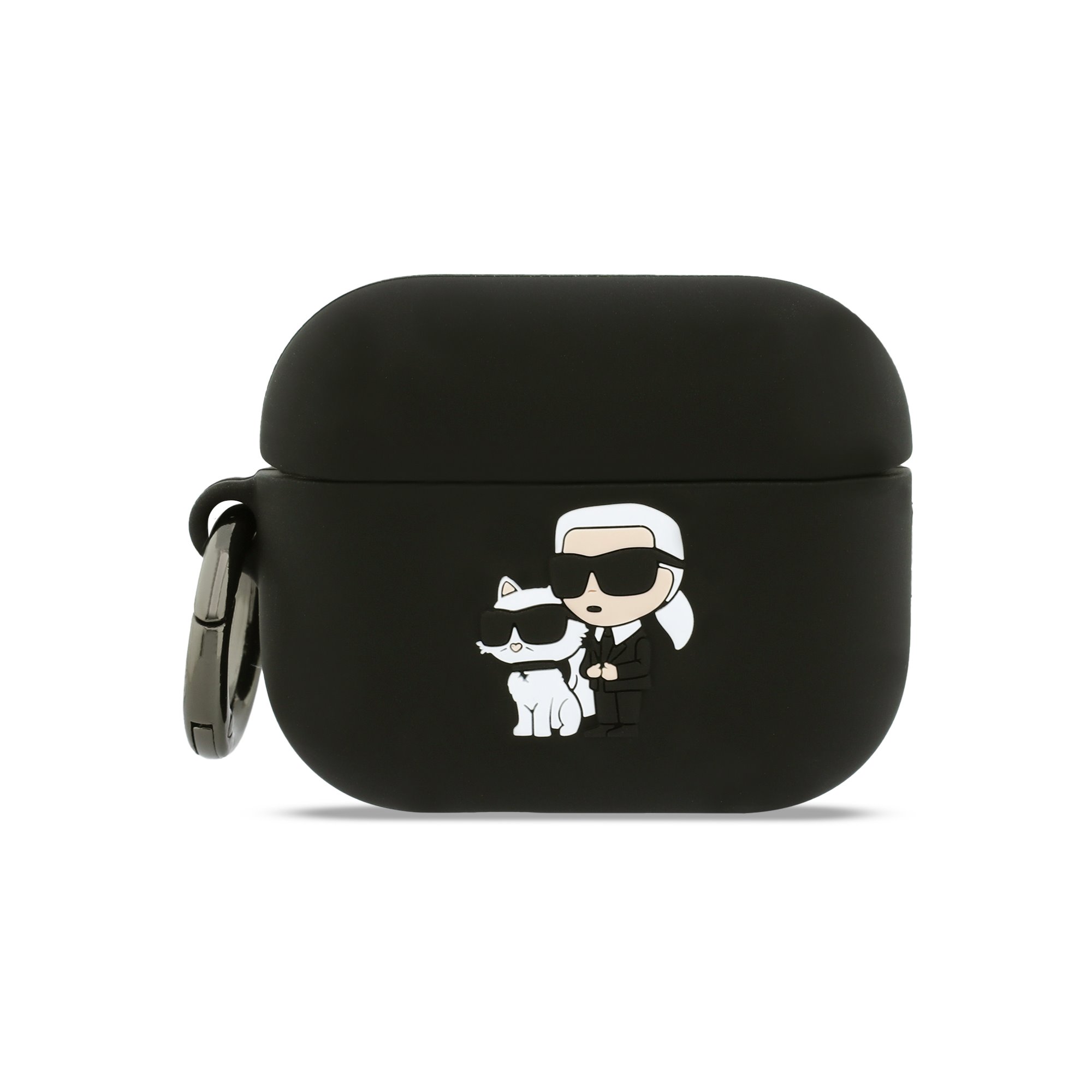 Juodas dėklas Apple Airpods Pro 3 Karl Lagerfeld 3D Logo NFT Juodas silikoninis dėklas Apple Airpods Pro 3 su Karl Lagerfeld ir Choupette 3D logotipu