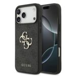 Pilkas originalus dėklas Guess PU 4G Metal Logo telefonui Apple iPhone 17 Pro Max su metaliniu logotipu ir tekstūra
