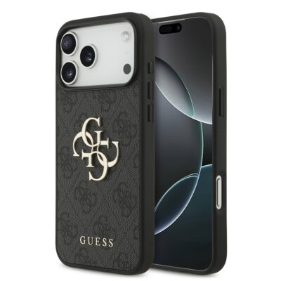 Pilkas originalus dėklas Guess PU 4G Metal Logo telefonui Apple iPhone 17 Pro Max su metaliniu logotipu ir tekstūra