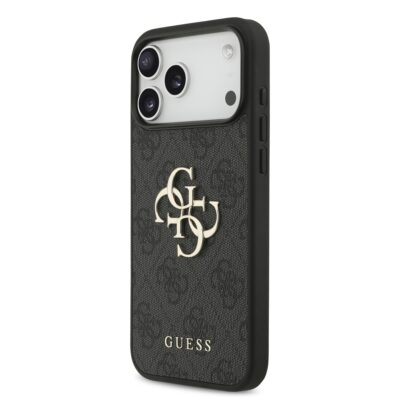 pilkas originalus deklas guess pu 4g metal logo telefonui apple iphone 17 pro max su juodu apvadu