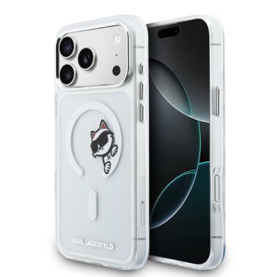 Skaidrus originalus dėklas Karl Lagerfeld iPhone 17 Pro Max su Choupette kačiuko dizainu ir MagSafe funkcija