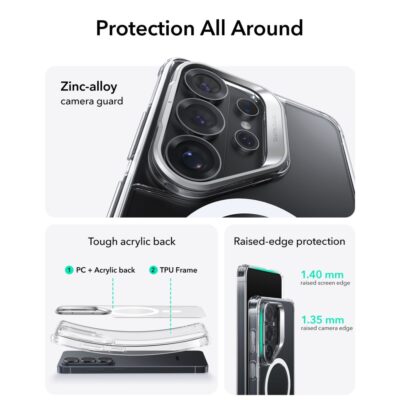 Skaidrus dėklas Samsung Galaxy S26 Ultra ESR CLASSIC HYBRID KICKSTAND MAGSAFE su cinko lydinio kameros apsauga ir akrilo nugarėle