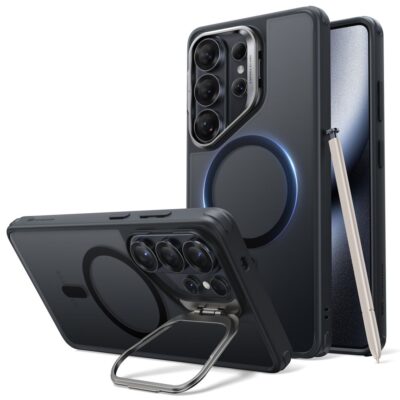Juodas frosted dėklas Samsung Galaxy S26 Ultra su magnetiniu žiedu ir laikikliu