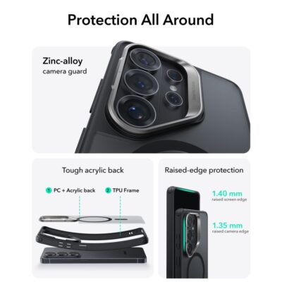 Juodas frosted dėklas Samsung Galaxy S26 Ultra su cinko lydinio apsauga kamerai ir akriliniu nugarėle