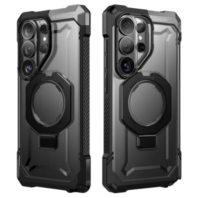 Juodas dėklas Samsung Galaxy S26 Ultra Supcase UB Grip Mag Magsafe su mėlyna juosta kameros apsaugai