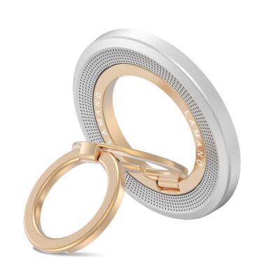 Titano-auksinis magnetinis telefono žiedas TECH-PROTECT MMR700 LAMANO MAGNETIC MAGSAFE su baltu pagrindu ir aukso spalvos žiedu