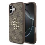 Rudas originalus dėklas Guess PU 4G Metal Logo telefonui Apple iPhone 17 su tekstūruotu paviršiumi ir metaliniu logotipu