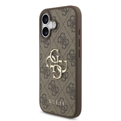Rudas originalus dėklas Guess PU 4G su metaliniu logotipu Apple iPhone 17 telefonui