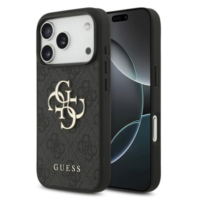Pilkas originalus dėklas Guess PU 4G Metal Logo telefonui Apple iPhone 17 Pro su metaliniu logotipu