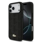 Juodas dėklas Apple Iphone 17 Pro Max su Lacoste PU Nomogramme auksiniu logotipu ir raštuota nugara