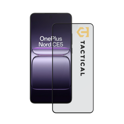 Juodas apsauginis stiklas telefonui OnePlus Nord CE5 5G Tactical Glass Shield 5D su matiniu paviršiumi ir raide Tactical