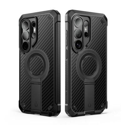 Juodas aramid dėklas Samsung Galaxy S26 Ultra su MagSafe ir atrama