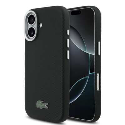 Juodas dėklas Lacoste PVC Iconic Petit Pique Metal Logo MagSafe telefonui Apple iPhone 17 su tekstūruota danga